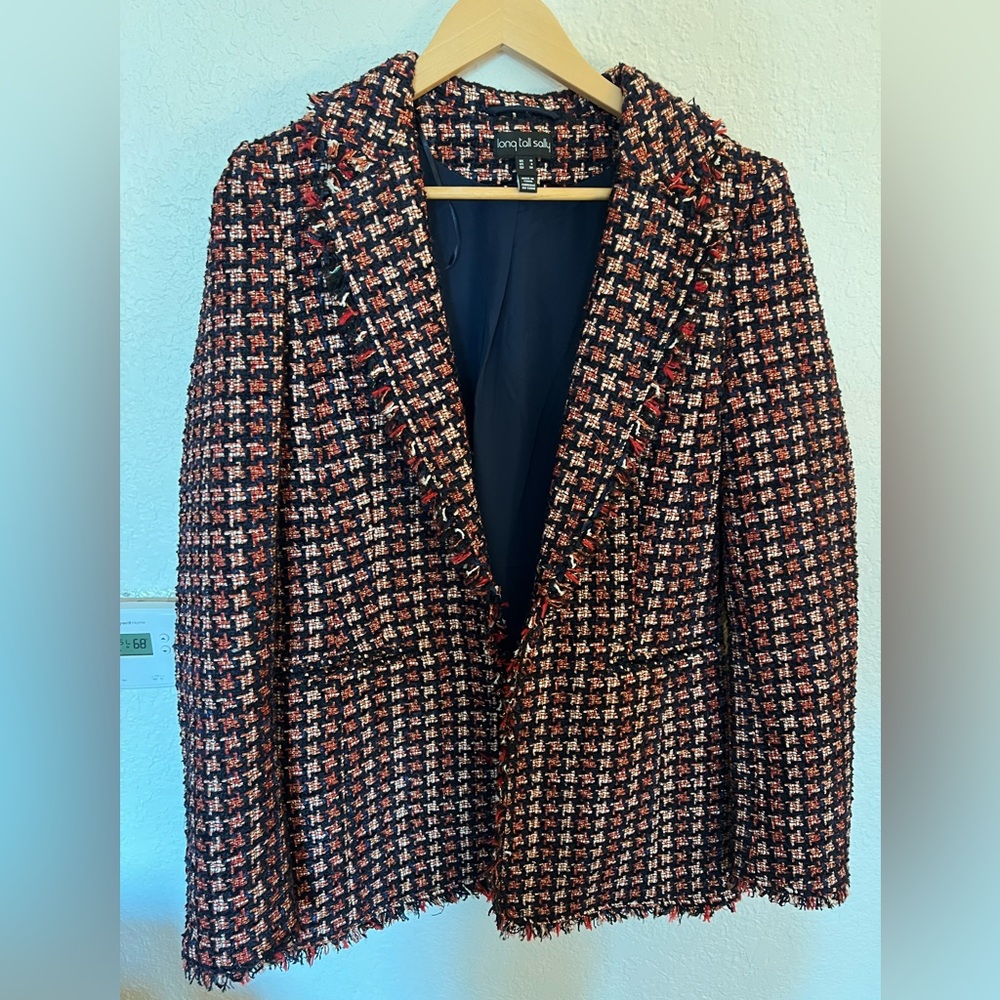 Long tall sally tweed blazer with red and blue details.